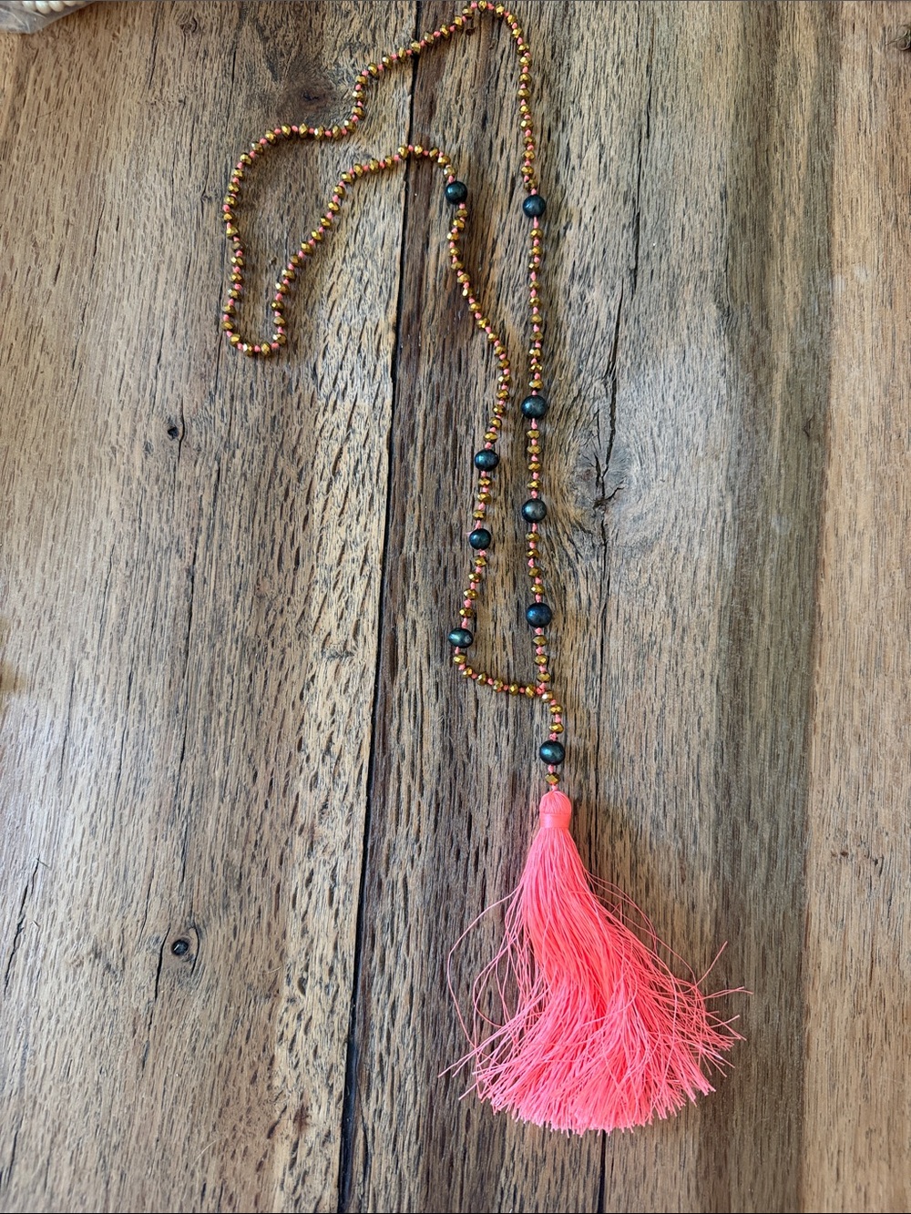 Beaded Tassel Necklace with Pink Tassel